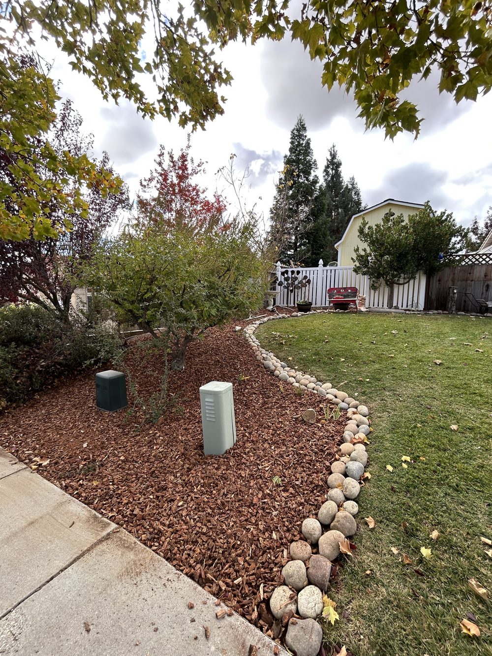 A curved river-rock border separating red bark mulch and a small tree from a green lawn.